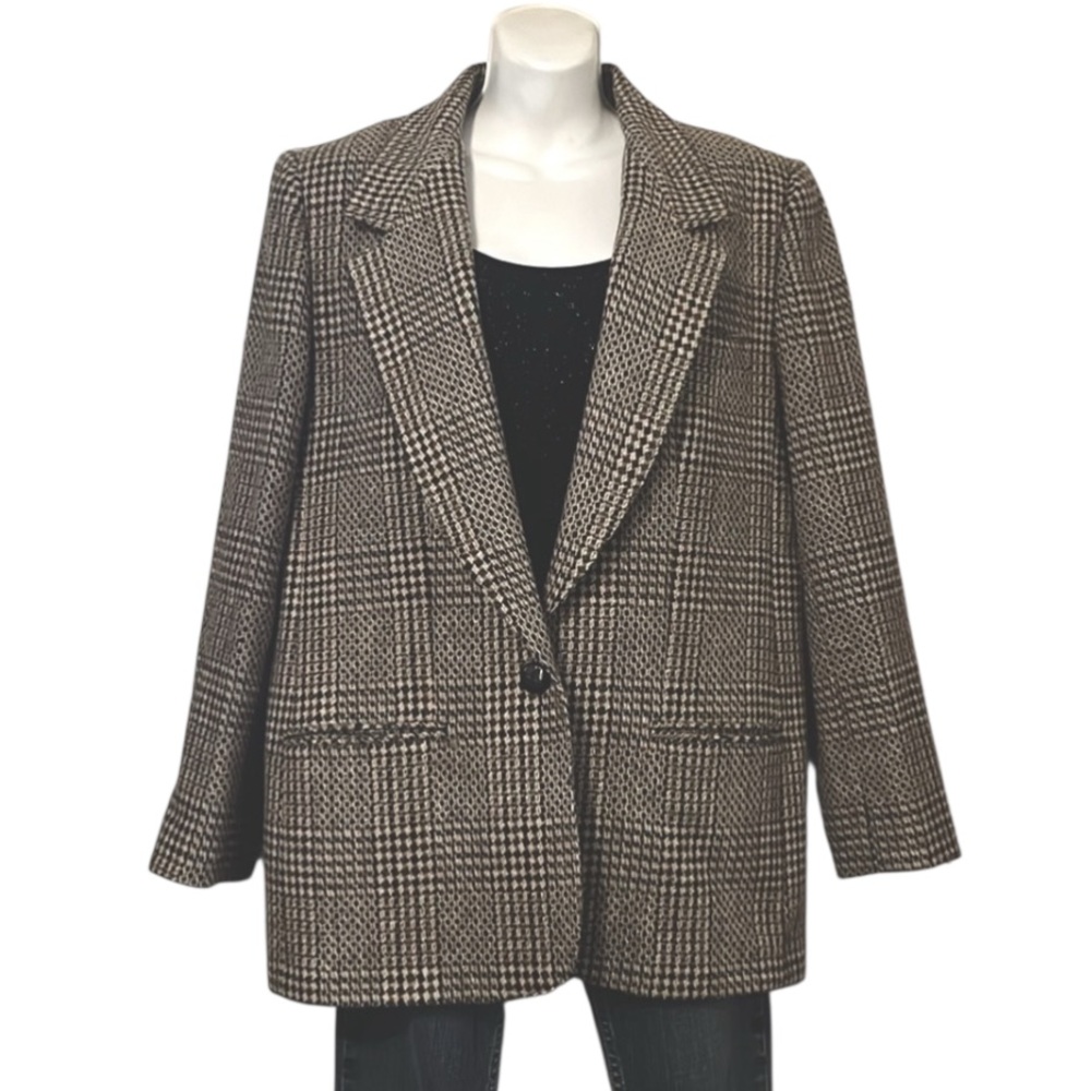 Georgia Sant’Angelo Brown Woman’s Wool Plaid One Button Vintage Tweed Blazer 14